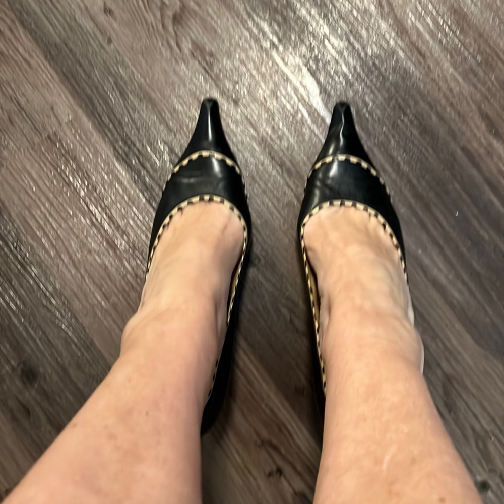 Chanel black and beige spectator kitten heel pumps